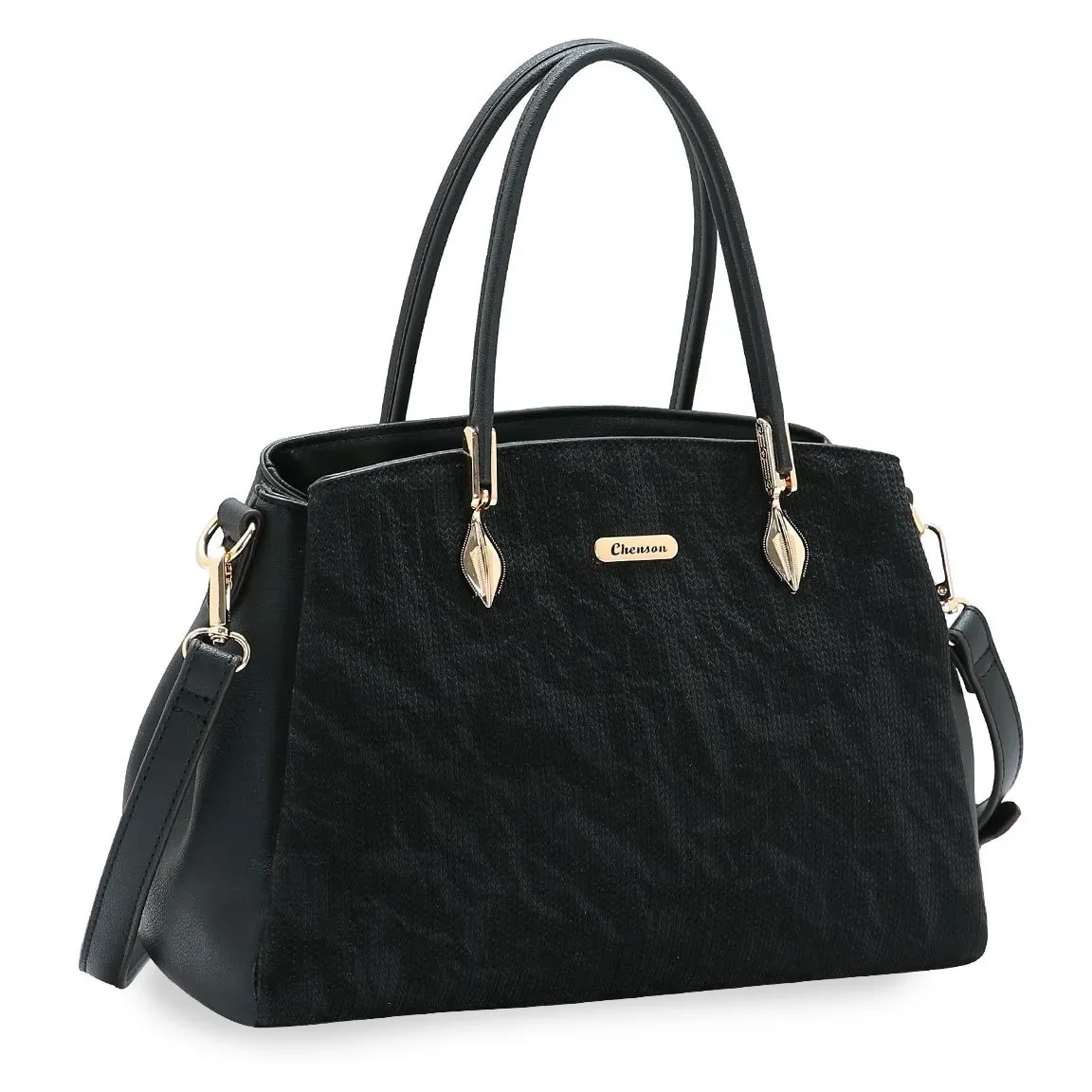 Bolsa feminina Chenson Clássico Chic preta com textura frontal e detalhes metálicos dourados, vista frontal lateral direita